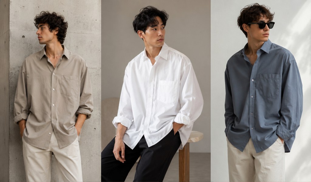 Men wearing stylish oversized shirts in a modern fashion editorial setting.