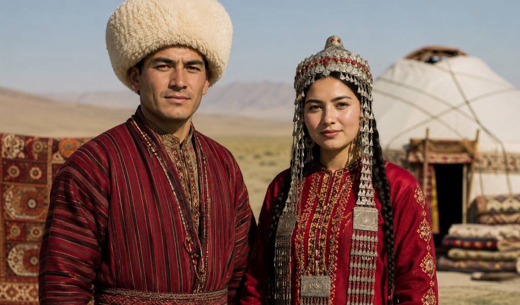 Turkmen man and woman wearing traditional silk and silver clothing in a desert landscape with a yurt in the background.