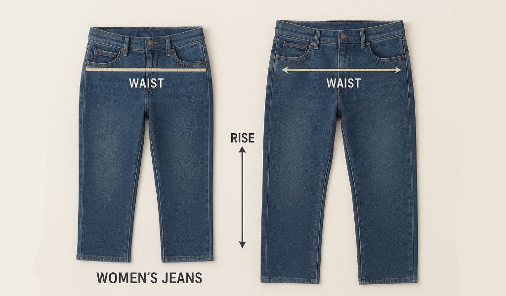 Side-by-side comparison of women’s and men’s jeans with measuring tape highlighting waist, hip, rise, and inseam differences.