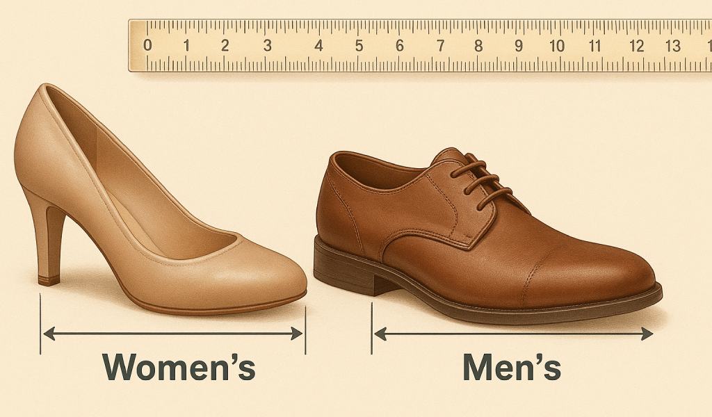Side-by-side comparison of women’s and men’s shoes with measuring tape highlighting foot length and width differences.