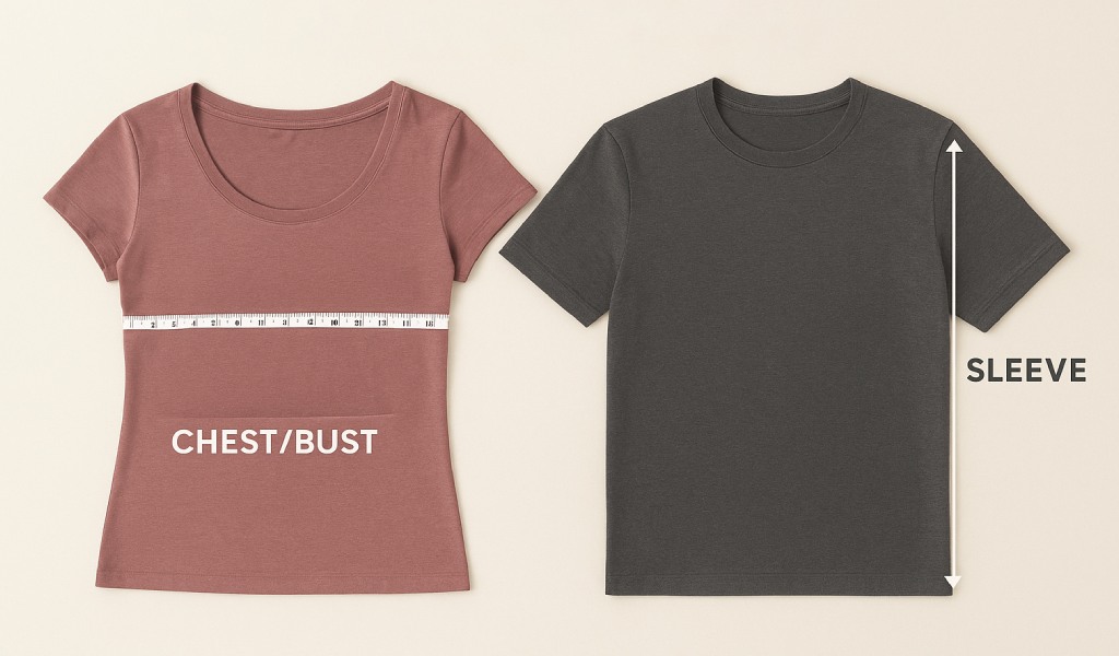 Comparison of women’s and men’s tops with measuring tape highlighting chest, shoulder, and sleeve differences.
