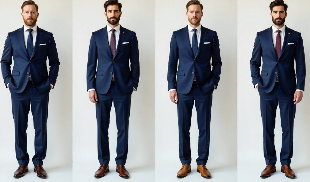 Navy suit paired with black, brown, burgundy, and tan shoes for corporate, wedding, social, and casual occasions, showing how shoe color affects style and formality.
