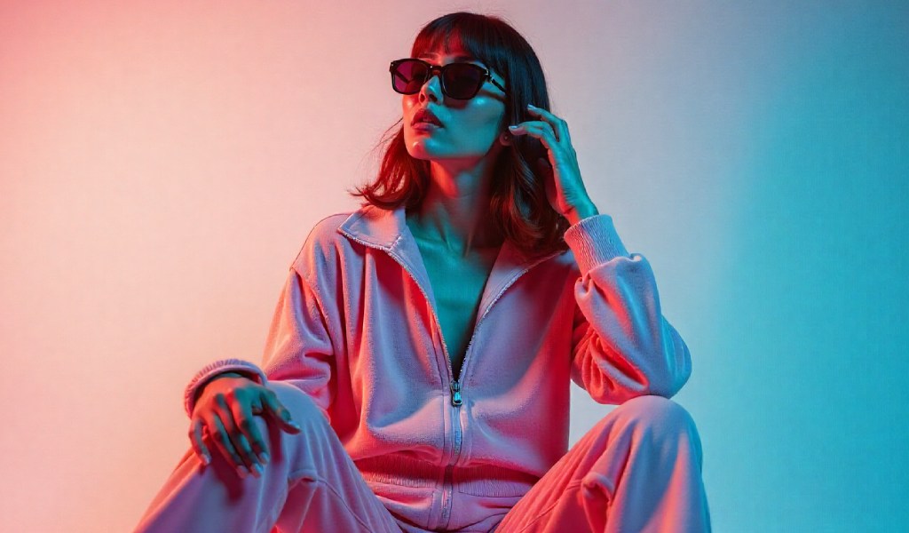Paris Hilton wearing a pastel velour tracksuit with oversized sunglasses and rhinestone accessories, showcasing iconic 2000s Y2K fashion trends.