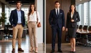 A side-by-side comparison showcasing business casual vs business professional outfits for a modern workplace corporate setting.